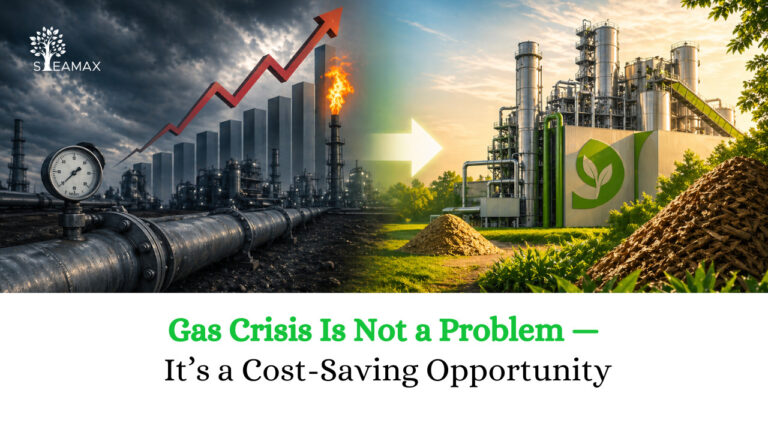 Industrial gas facility with a pressure gauge and flaming stack transitions to a green energy plant, signaling turning a gas crisis into cost savings (SLEAMAX banner).