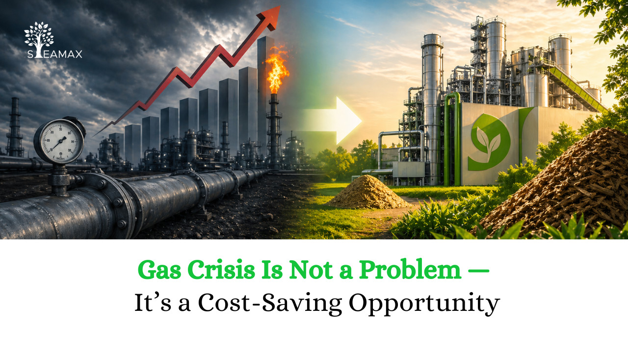Industrial gas facility with a pressure gauge and flaming stack transitions to a green energy plant, signaling turning a gas crisis into cost savings (SLEAMAX banner).