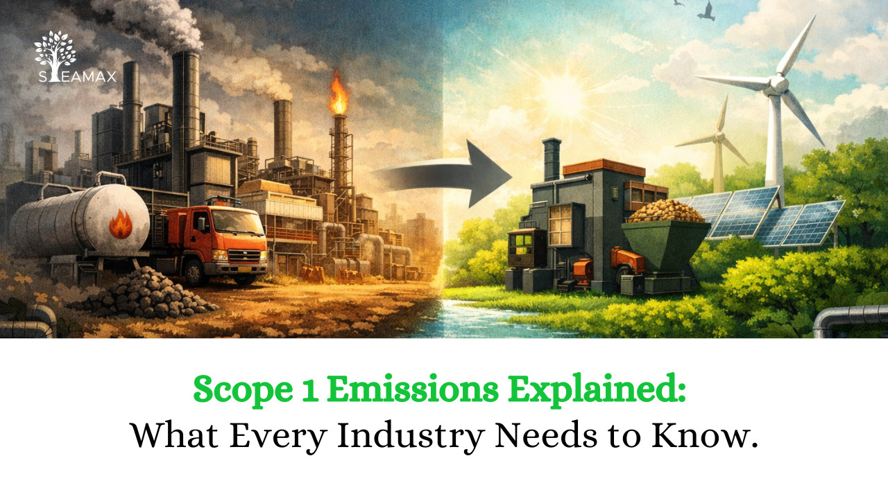 Illustration of a smoky industrial plant on the left transitioning to a green energy site with wind turbines and solar panels on the right, split by a large arrow.