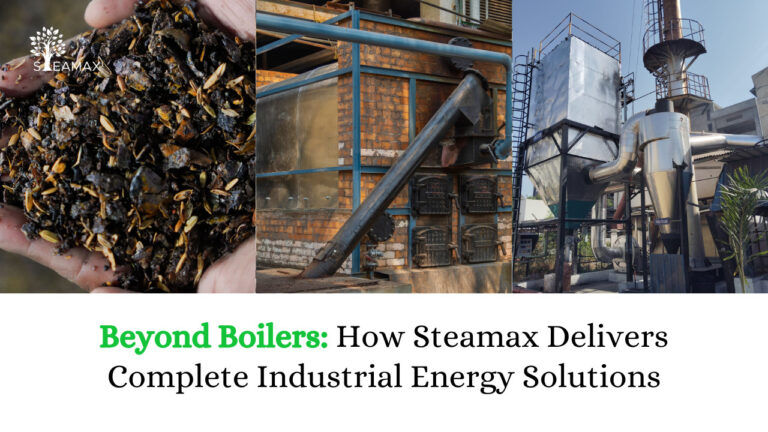 Collage showing biomass fuel in hands, boiler equipment, and an industrial plant, illustrating Steamax's industrial energy solutions.