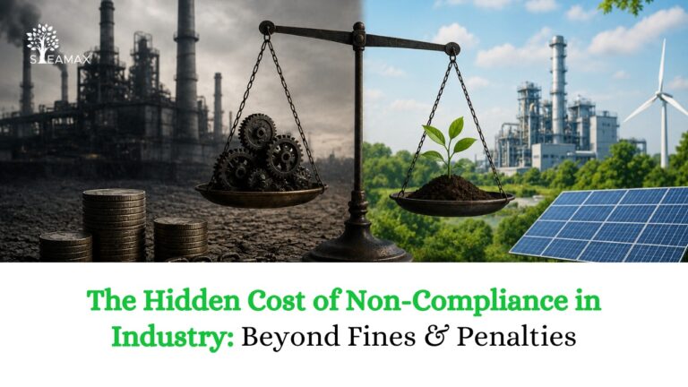 Scale balancing gears on one side and a growing seedling on the other, set against a polluted factory left and green energy right; title: 'The Hidden Cost of Non-Compliance in Industry: Beyond Fines & Penalties'