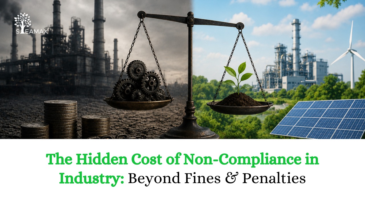 Scale balancing gears on one side and a growing seedling on the other, set against a polluted factory left and green energy right; title: 'The Hidden Cost of Non-Compliance in Industry: Beyond Fines & Penalties'