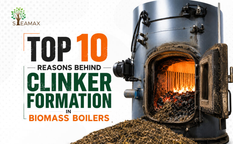 Poster-style graphic: 'Top 10 Reasons Behind Clinker Formation in Biomass Boilers' with a metal boiler door and fiery interior on the right.