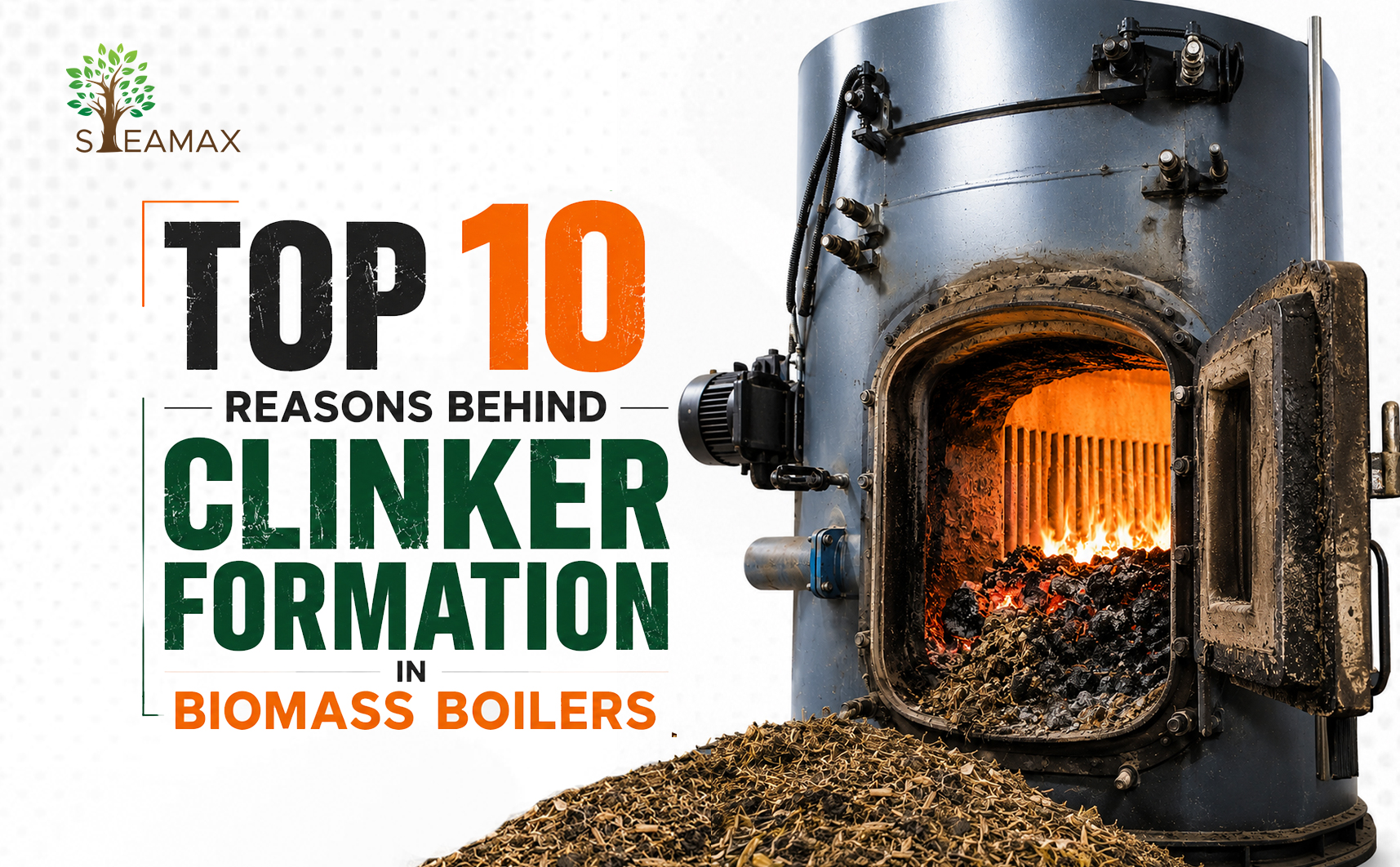 Poster-style graphic: 'Top 10 Reasons Behind Clinker Formation in Biomass Boilers' with a metal boiler door and fiery interior on the right.